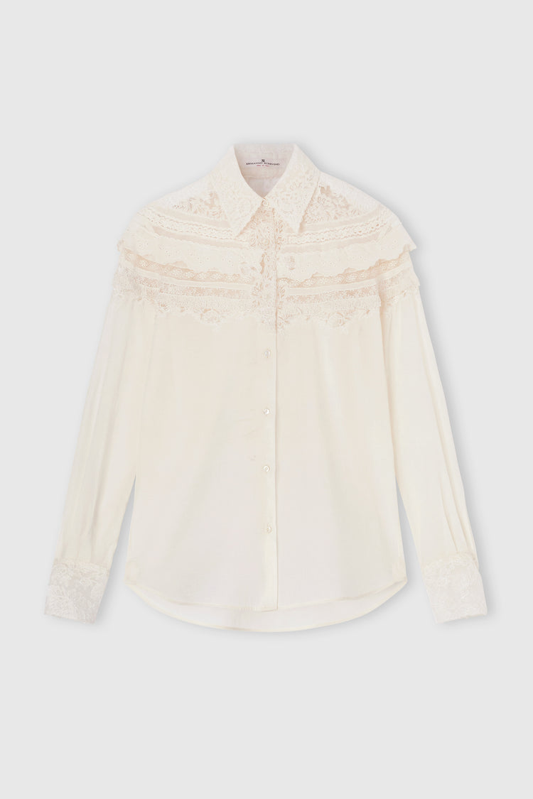 Cotton Muslin Shirt with Valencienne, San Gallo, and Rebrodé Lace