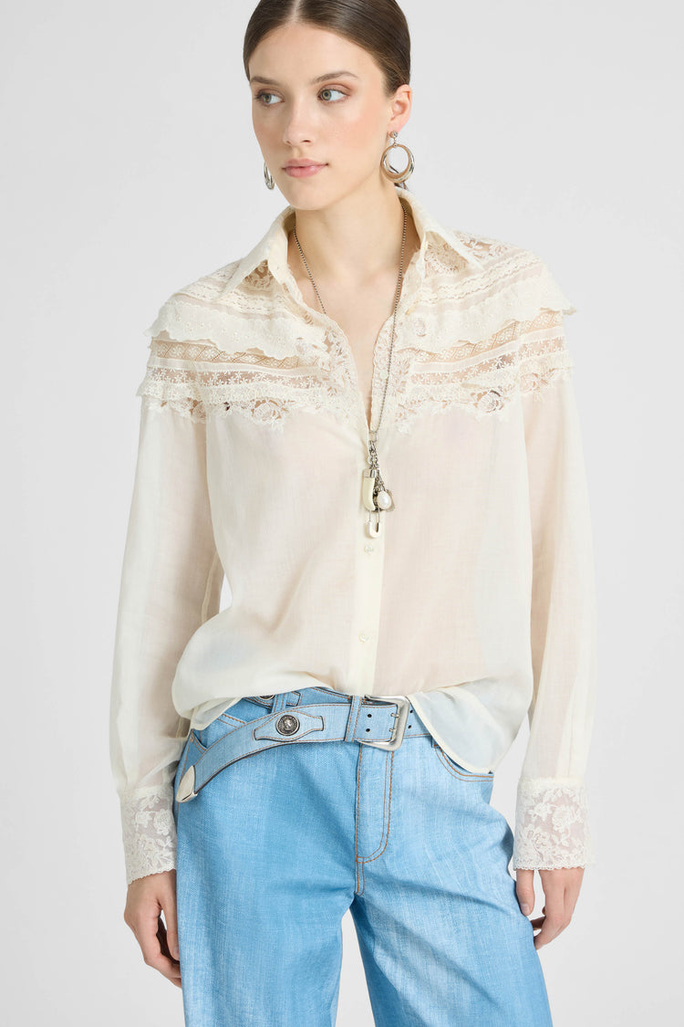 Cotton Muslin Shirt with Valencienne, San Gallo, and Rebrodé Lace