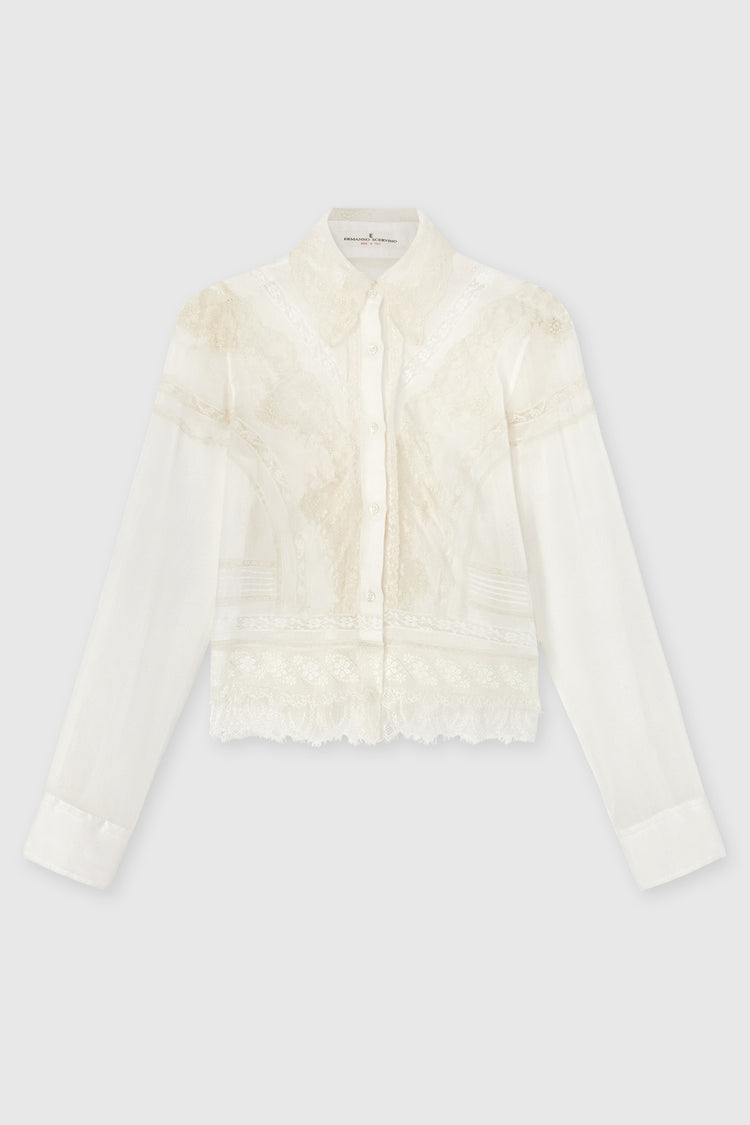 Cropped Cotton and Silk Muslin Shirt with Rebrodé and Valencienne Lace