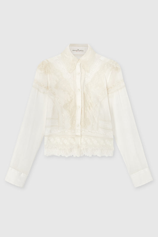 Cropped Cotton and Silk Muslin Shirt with Rebrodé and Valencienne Lace