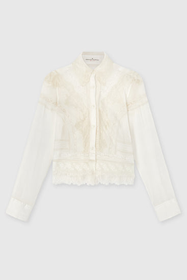 Cropped Cotton and Silk Muslin Shirt with Rebrodé and Valencienne Lace