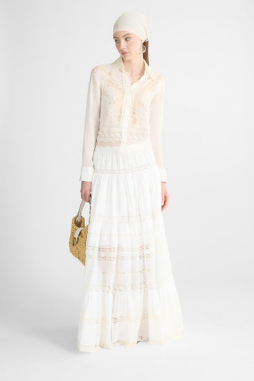 Cropped Cotton and Silk Muslin Shirt with Rebrodé and Valencienne Lace