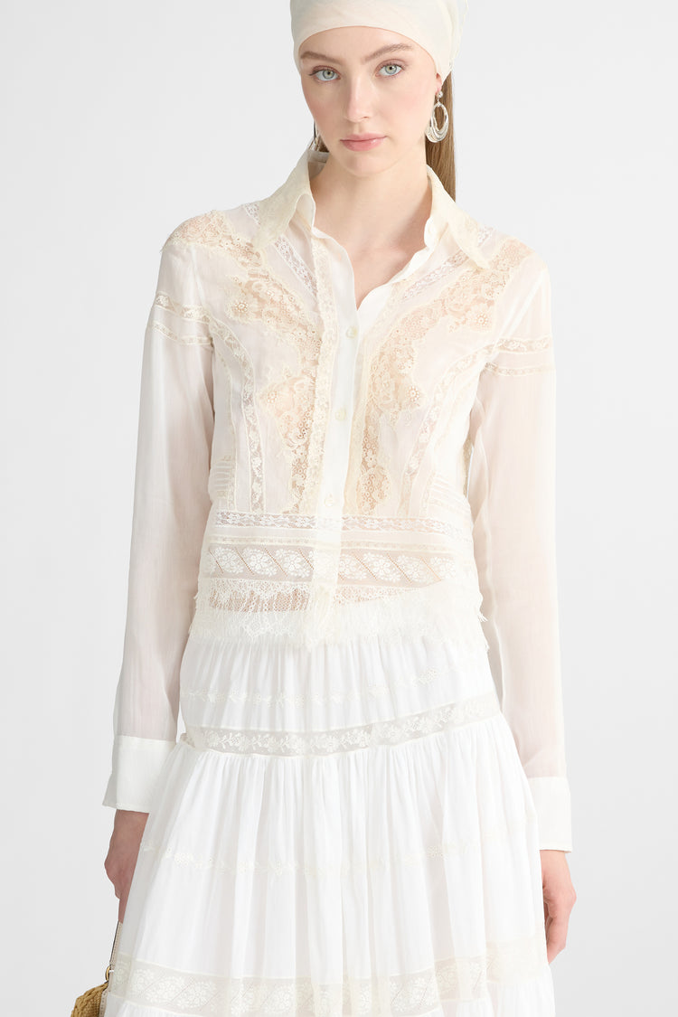 Cropped Cotton and Silk Muslin Shirt with Rebrodé and Valencienne Lace
