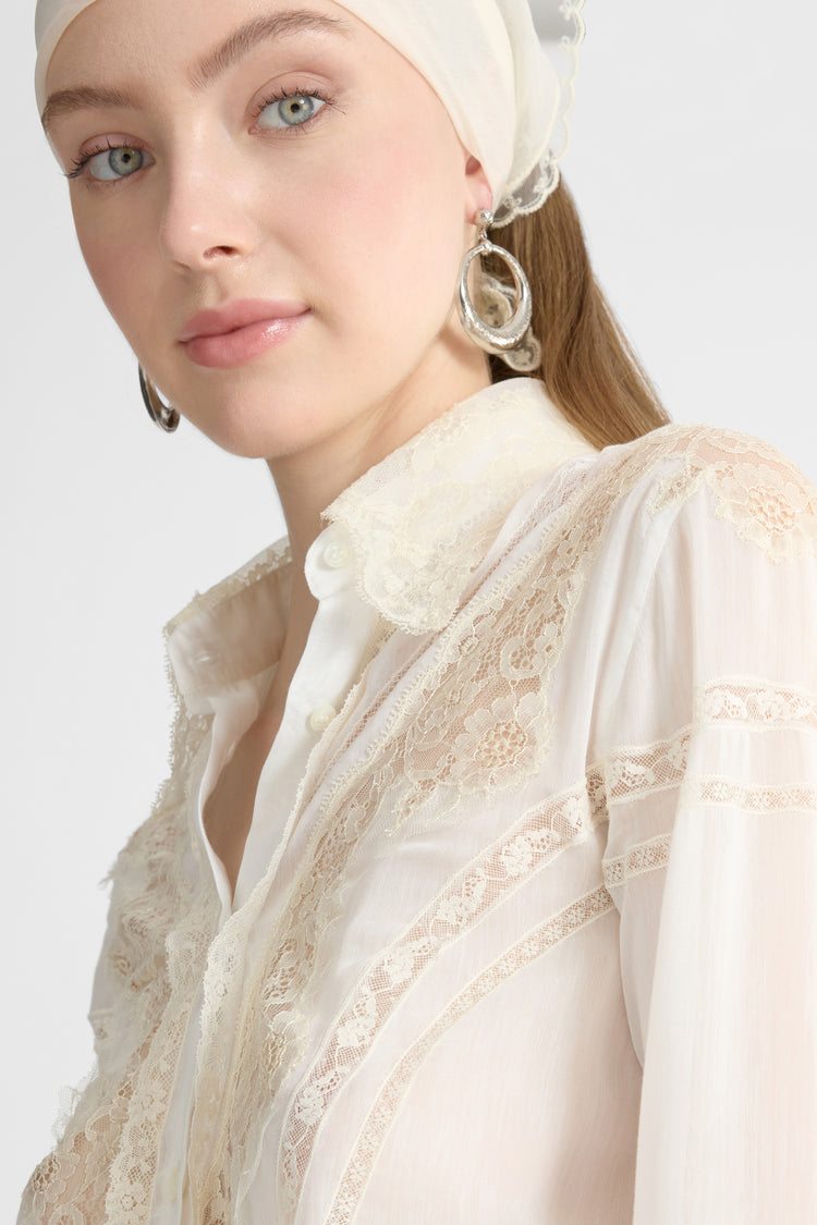 Cropped Cotton and Silk Muslin Shirt with Rebrodé and Valencienne Lace