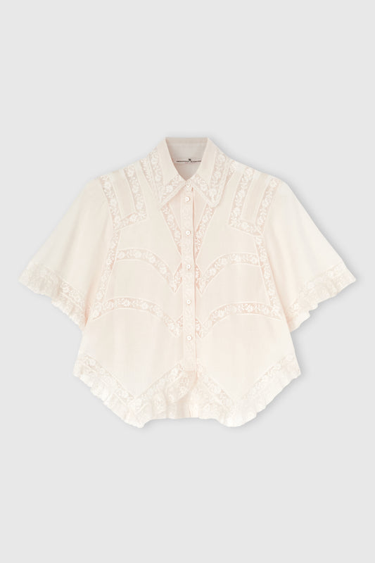 Cropped Cotton Muslin Shirt with Valencienne Lace
