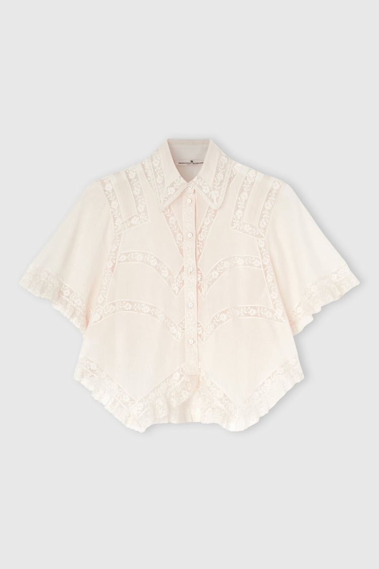 Camicia cropped in mussola di cotone con pizzo Valencienne