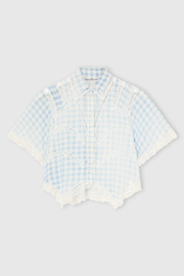 Cropped Silk Shirt with Blue Vichy Print and Valencienne Lace