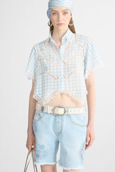 Cropped Silk Shirt with Blue Vichy Print and Valencienne Lace