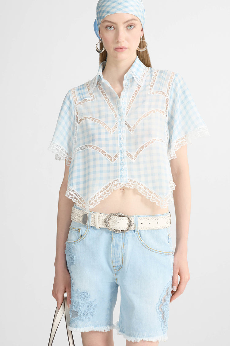 Cropped Silk Shirt with Blue Vichy Print and Valencienne Lace