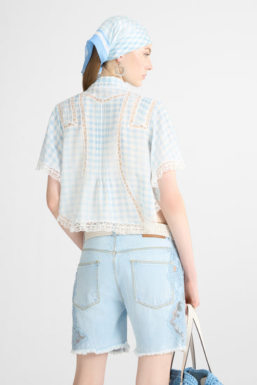 Cropped Silk Shirt with Blue Vichy Print and Valencienne Lace