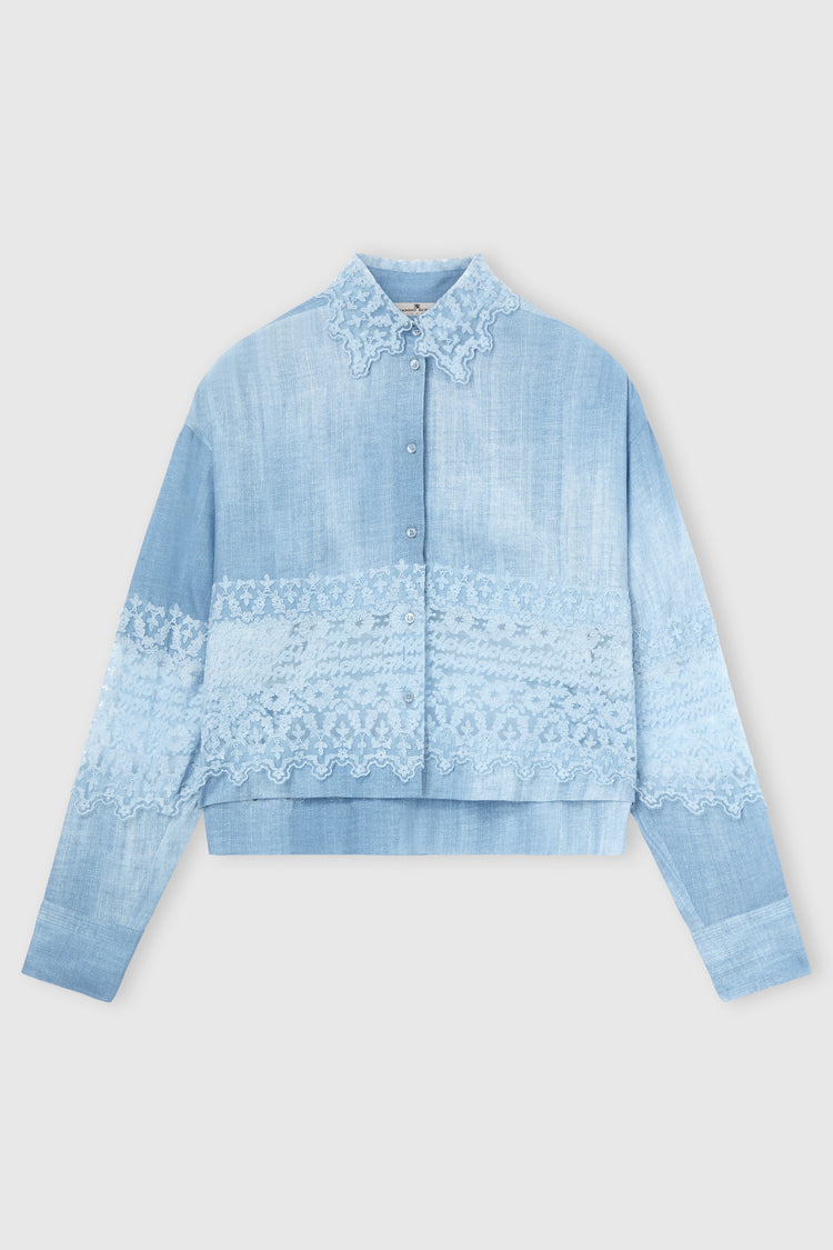 Jeans print marocain shirt with valencienne lace