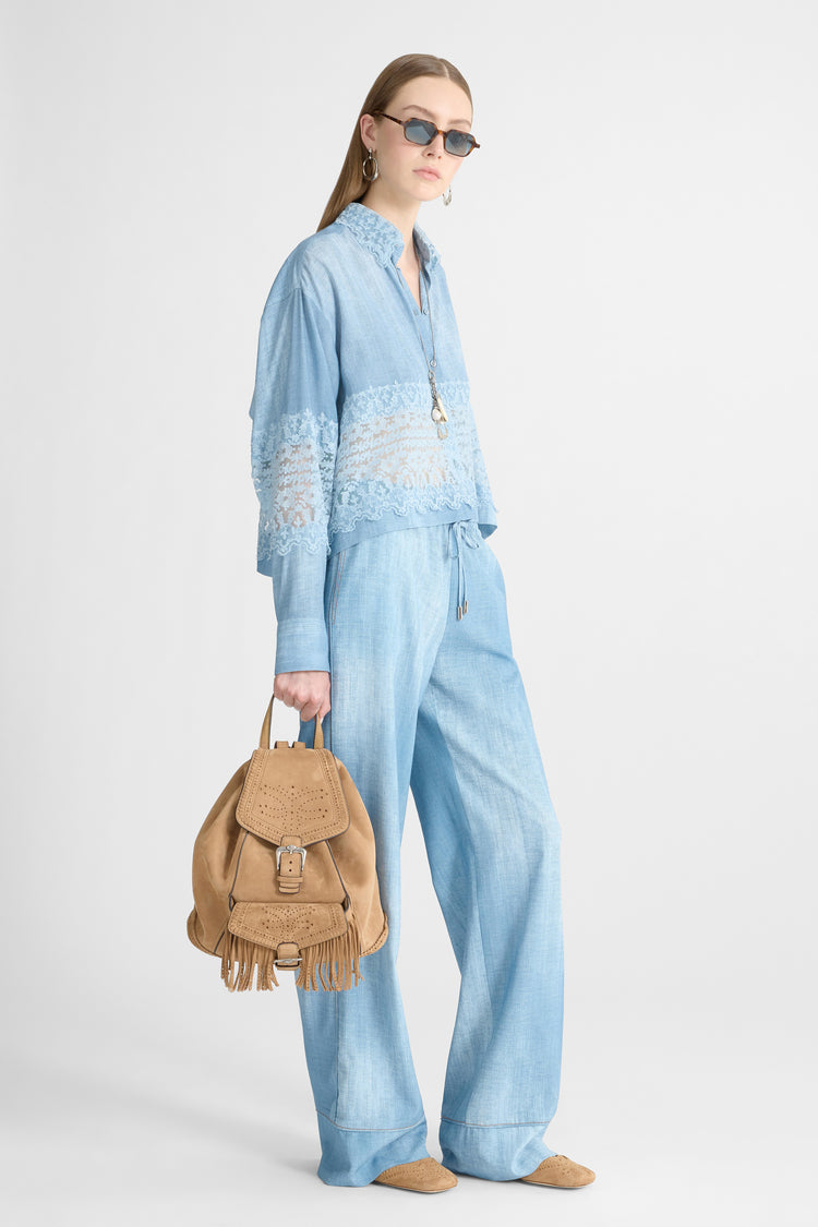 Jeans print marocain shirt with valencienne lace