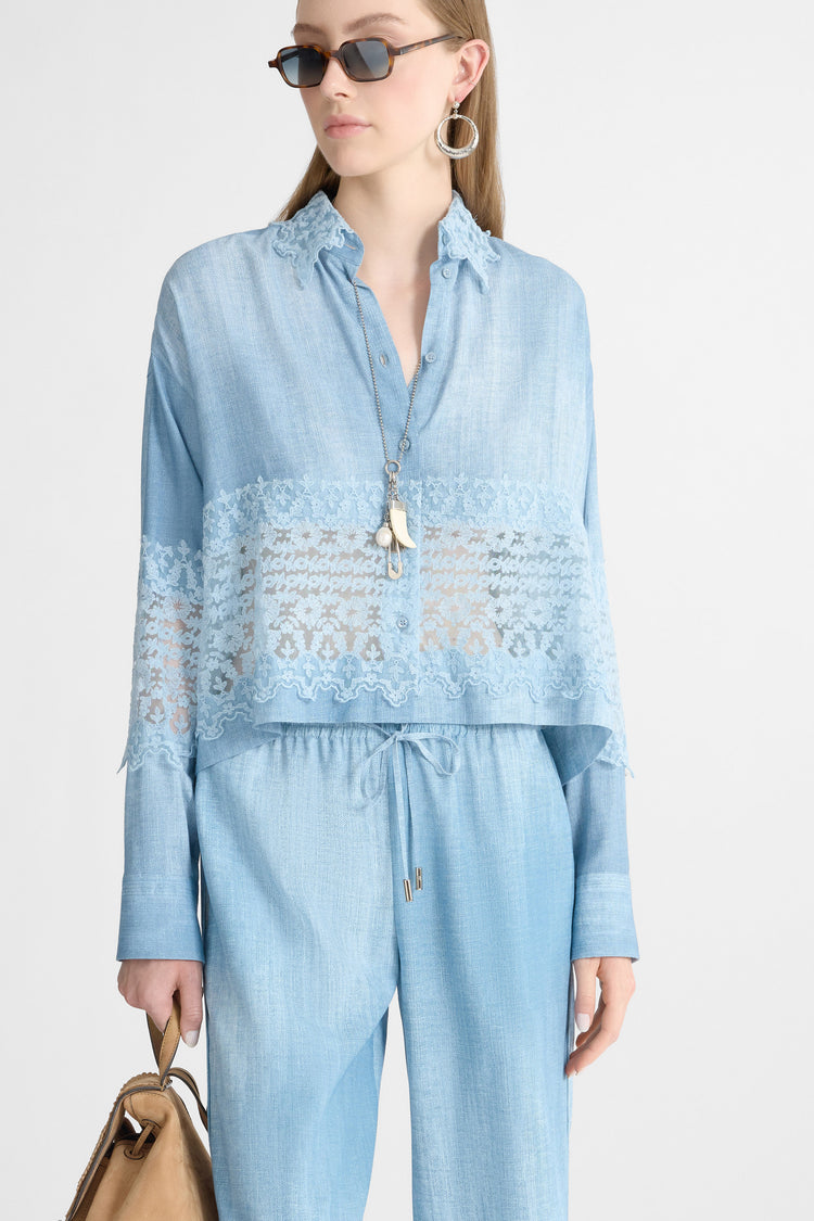 Jeans print marocain shirt with valencienne lace