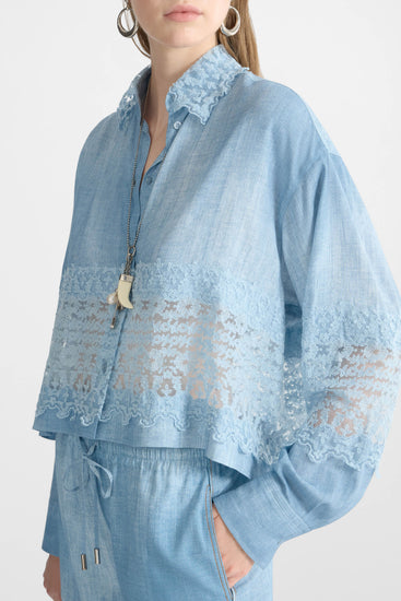 Jeans print marocain shirt with valencienne lace