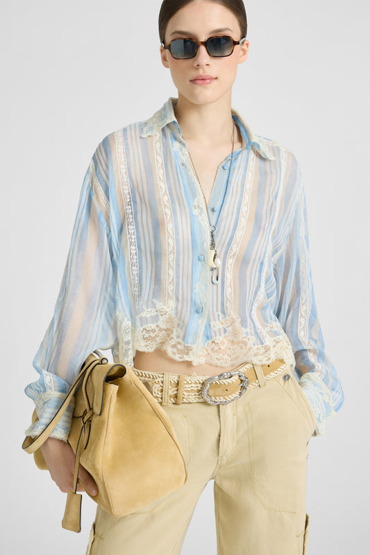 Silk shirt with striped print and lace details