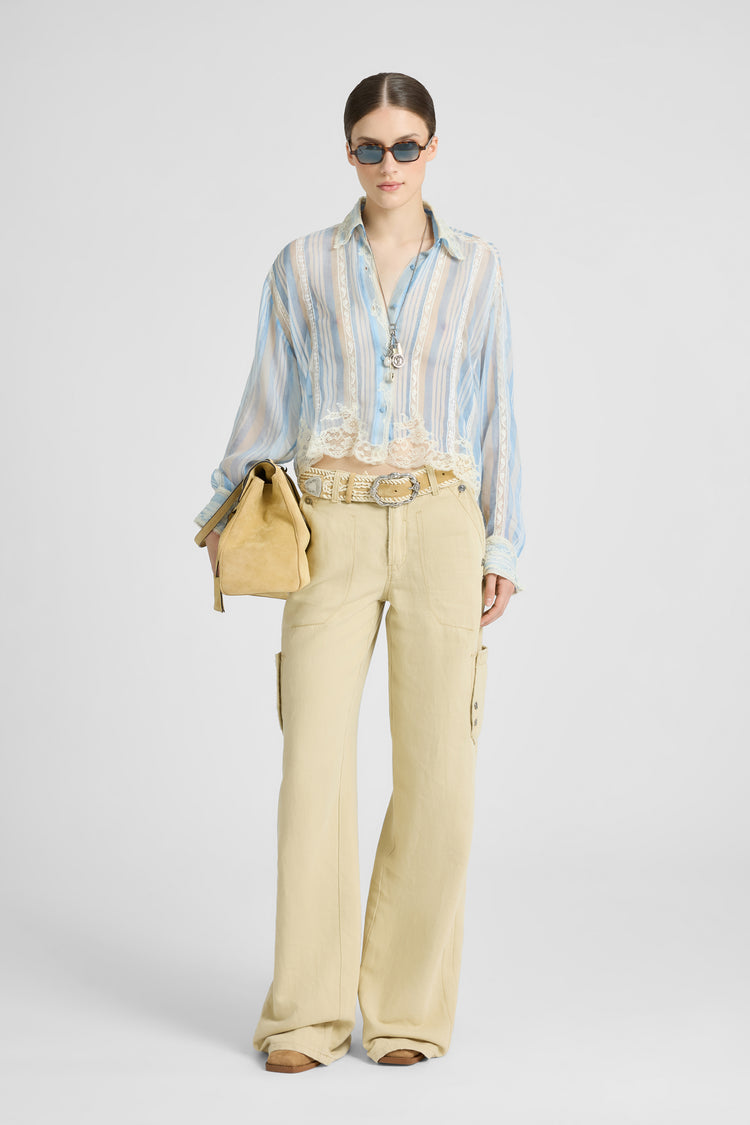 Silk shirt with striped print and lace details