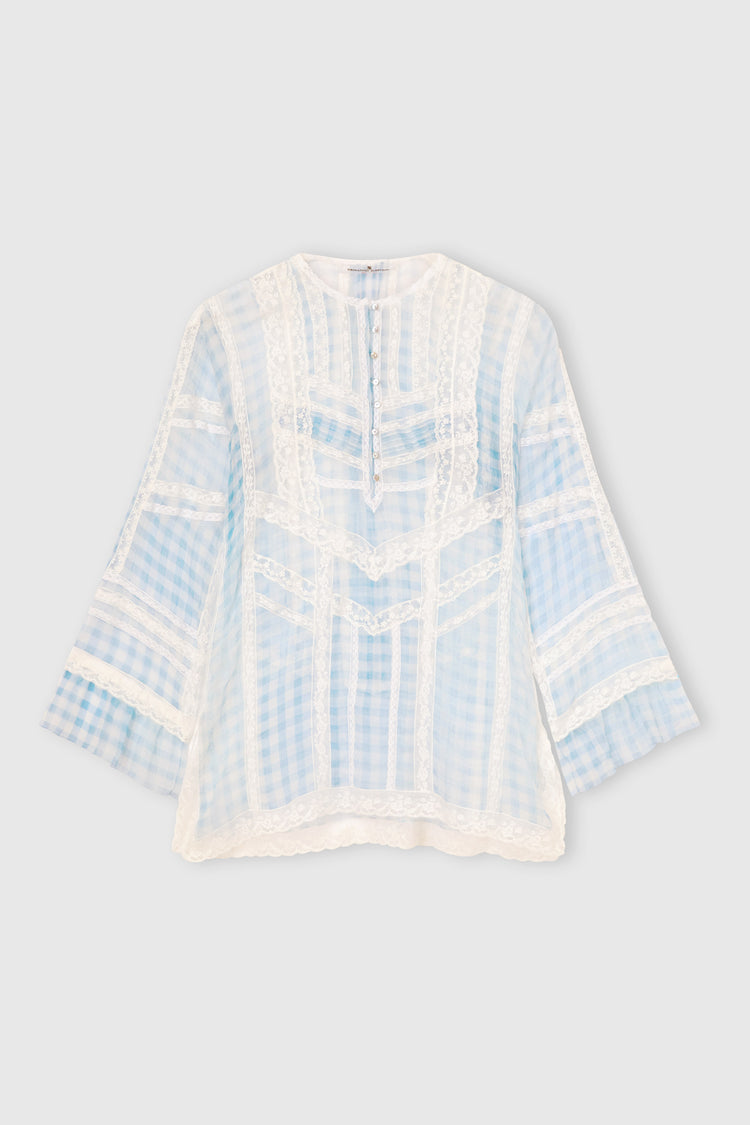 Silk Blouse with Vichy Print and Valencienne Lace