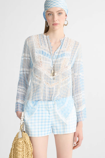 Silk Blouse with Vichy Print and Valencienne Lace