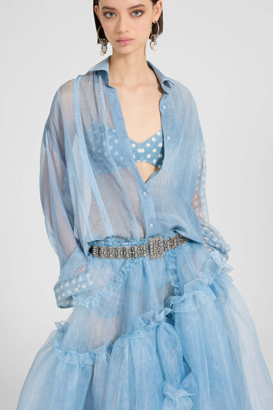 Regular silk crepe patchwork shirt with Valencienne lace