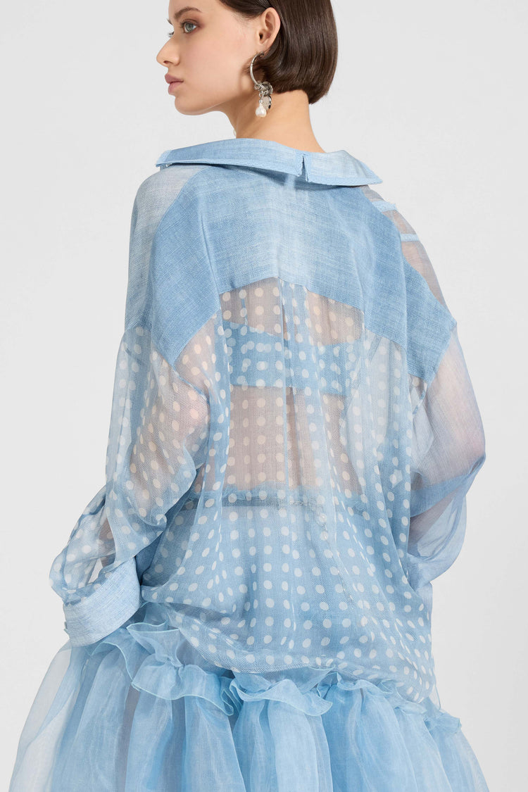 Regular silk crepe patchwork shirt with Valencienne lace