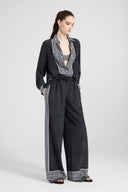Crepe de chine silk shirt with scarf print and crystals