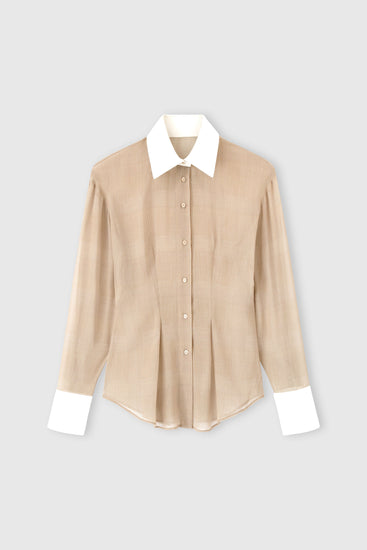 Chemise en georgette technique Prince de Galles beige et blanc