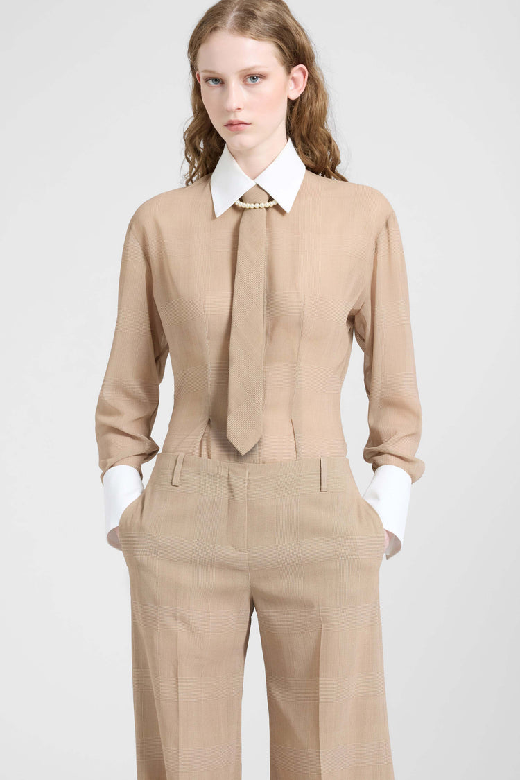 Chemise en georgette technique Prince de Galles beige et blanc
