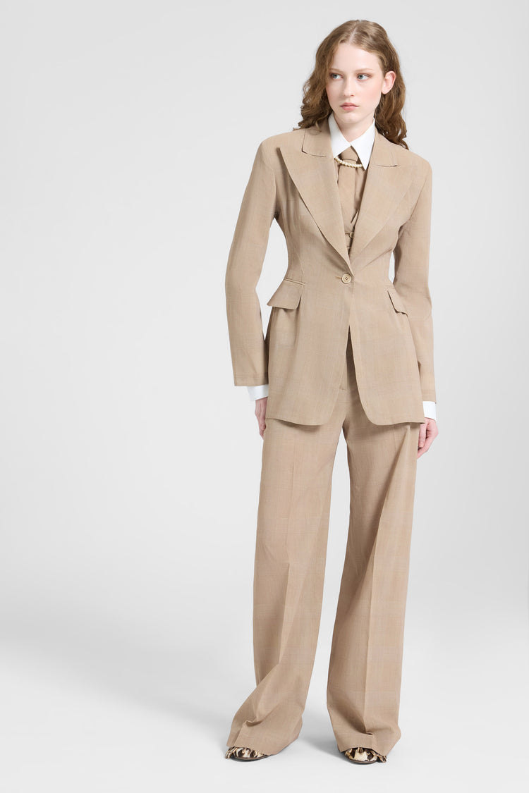 Chemise en georgette technique Prince de Galles beige et blanc