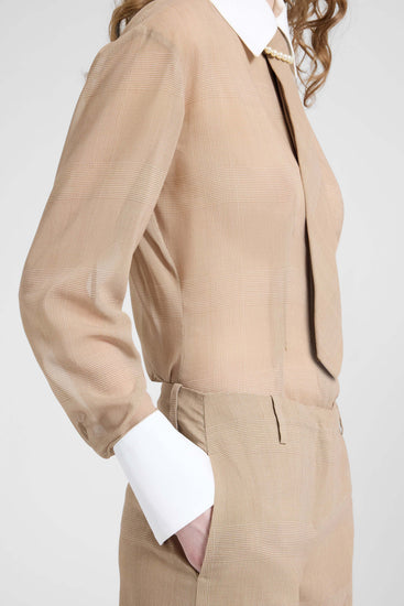 Chemise en georgette technique Prince de Galles beige et blanc