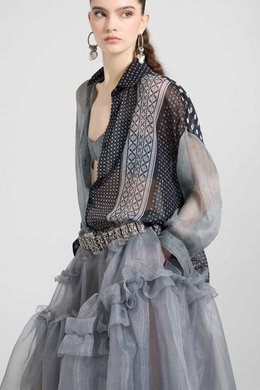 Chemise patchwork en chiffon de soie imprimé