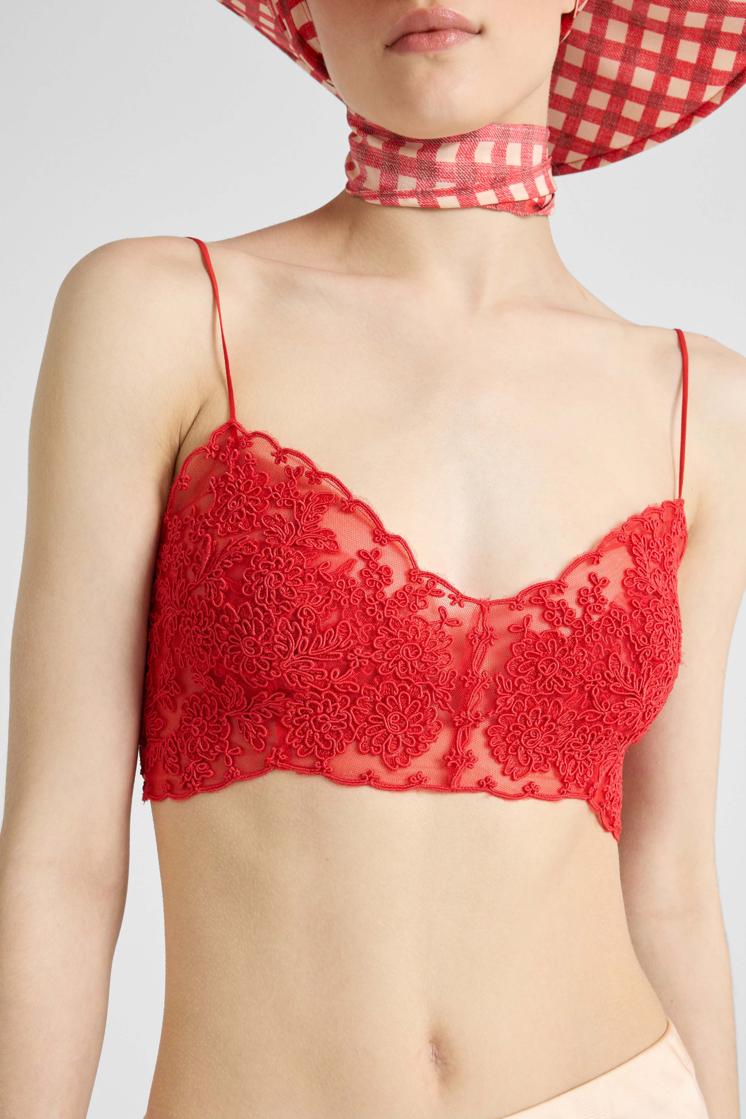 Unstructured tulle red bra with rebrodé lace - Ermanno Scervino