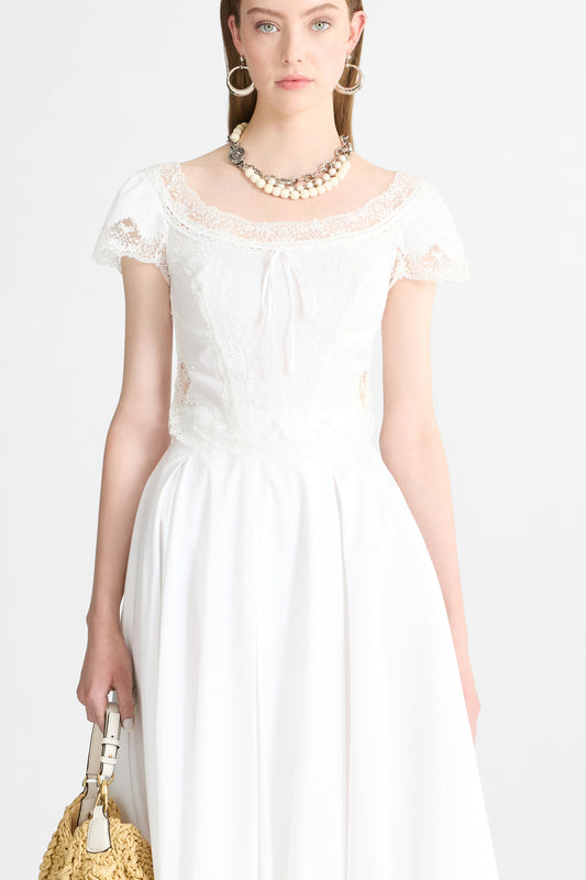 Short-Sleeve Cotton Poplin Top with Chantilly Lace