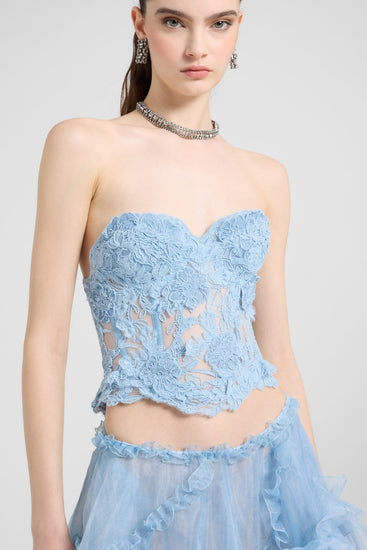 Top bustier structuré en dentelle rebrodée – azur