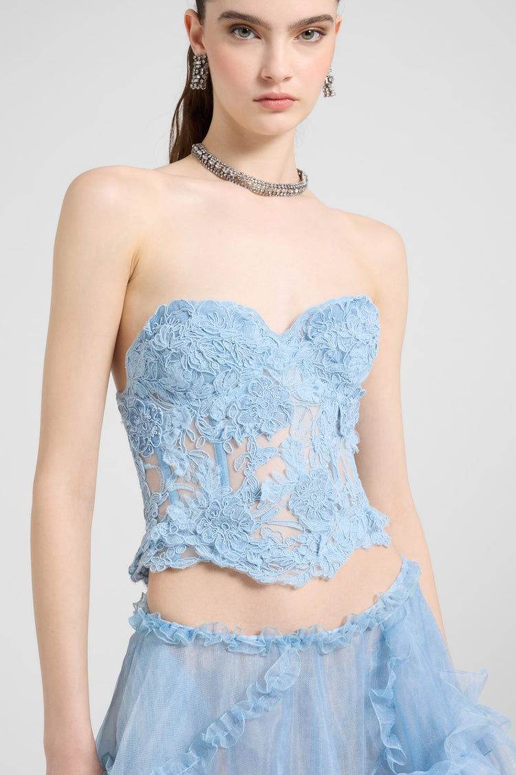 Top bustier structuré en dentelle rebrodée – azur