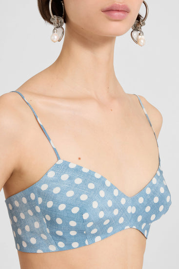 Deconstructed silk bra with white polka dots