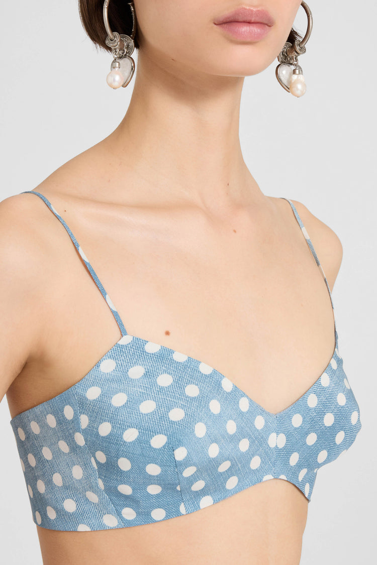 Deconstructed silk bra with white polka dots