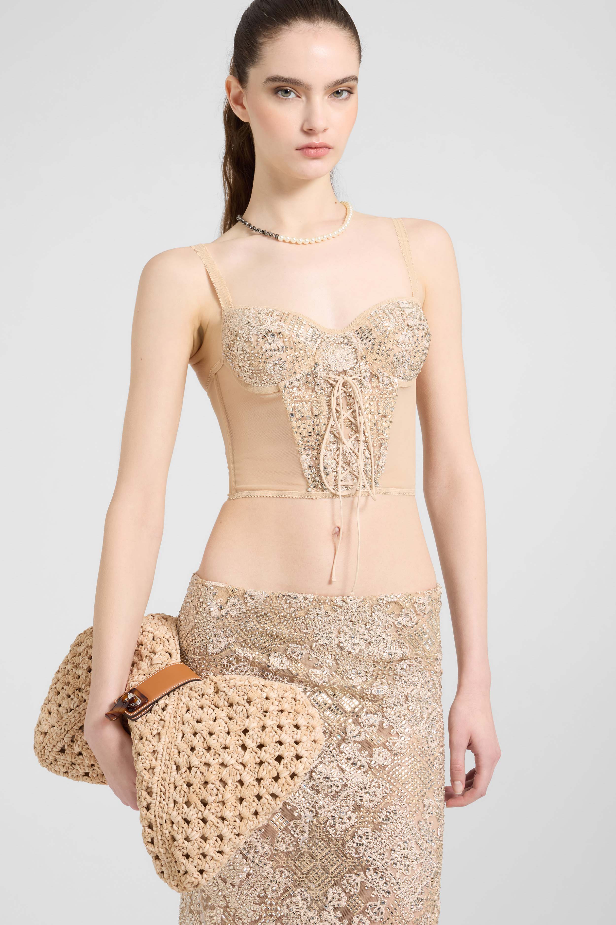 Vintage-inspired tulle corset top with maiolica lace and hand-applied