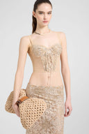 Vintage-inspired tulle corset top with maiolica lace and hand-applied crystals