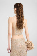 Vintage-inspired tulle corset top with maiolica lace and hand-applied crystals