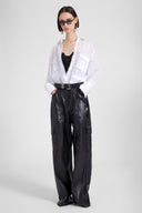 Strapless lambskin leather bustier top with hand-cut floral motif