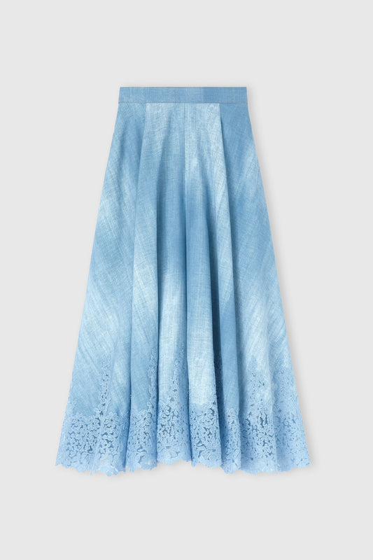 Wide Midi Skirt in Marocain Jeans Print with Rebrodé Lace