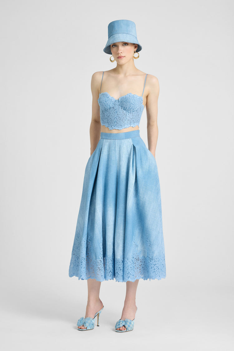 Wide Midi Skirt in Marocain Jeans Print with Rebrodé Lace