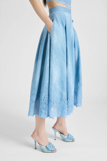 Wide Midi Skirt in Marocain Jeans Print with Rebrodé Lace