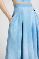Wide Midi Skirt in Marocain Jeans Print with Rebrodé Lace