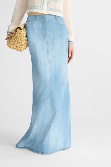 Long Skirt in Marocain Jeans Print
