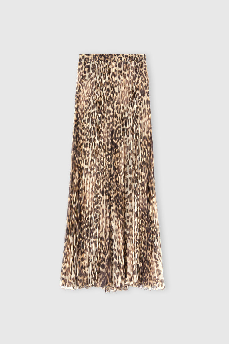 Pleated Midi Skirt in Silk with Natural Leopard Print