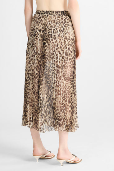 Pleated Midi Skirt in Silk with Natural Leopard Print