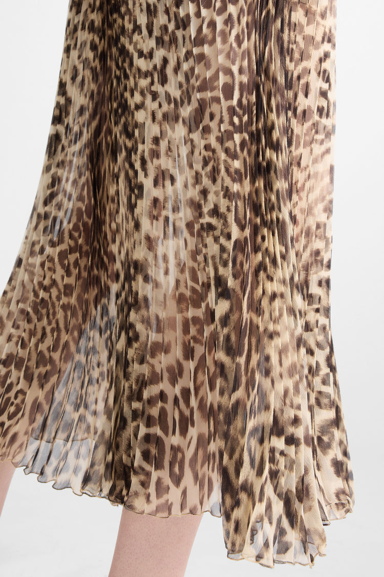Pleated Midi Skirt in Silk with Natural Leopard Print