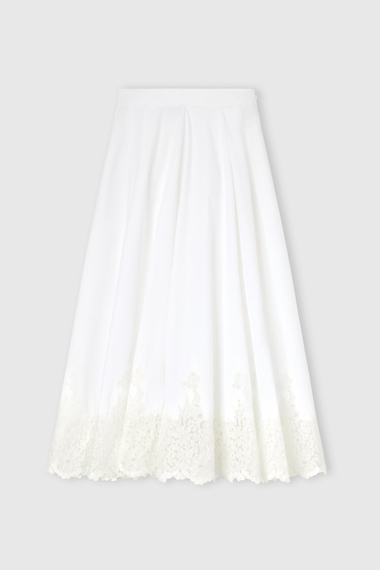 Midi Cotton Poplin Skirt with Hand-Applied Rebrodé Lace