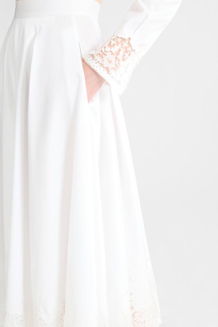 Midi Cotton Poplin Skirt with Hand-Applied Rebrodé Lace